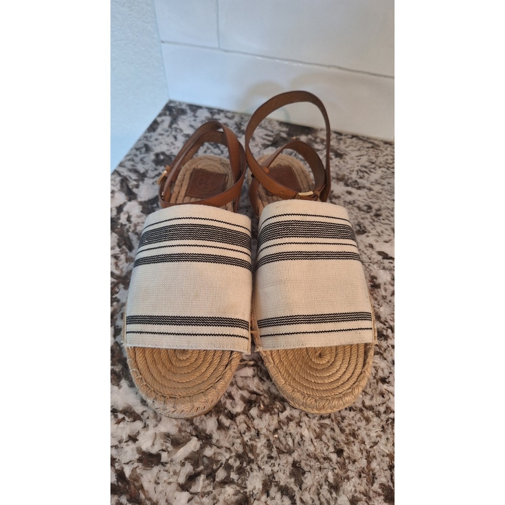 Tory Burch Striped Canvas Espadrille Sandals Tan Leather Ankle Strap Size 10